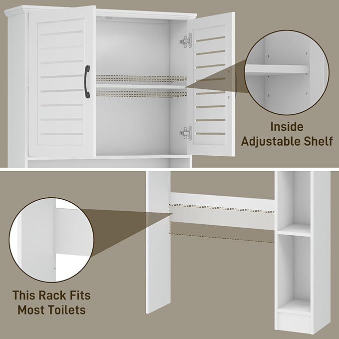 Over The Toilet Storage Cabinet, Wood Over Toilet Bathroom Organizer Cabinet with 2 Doors, Freestanding Home Space Save Toilet Rack for Restroom, Bathroom, Laundry, White