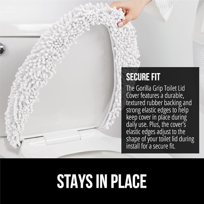 GORILLA GRIP Soft Chenille Bathroom Toilet Lid Cover, Machine Washable Seat Covers, 19.5x18.5, Stays in Place Rubber Backing, Fits Most Round, Elongated and Oblong Lids, Decor, Bright White