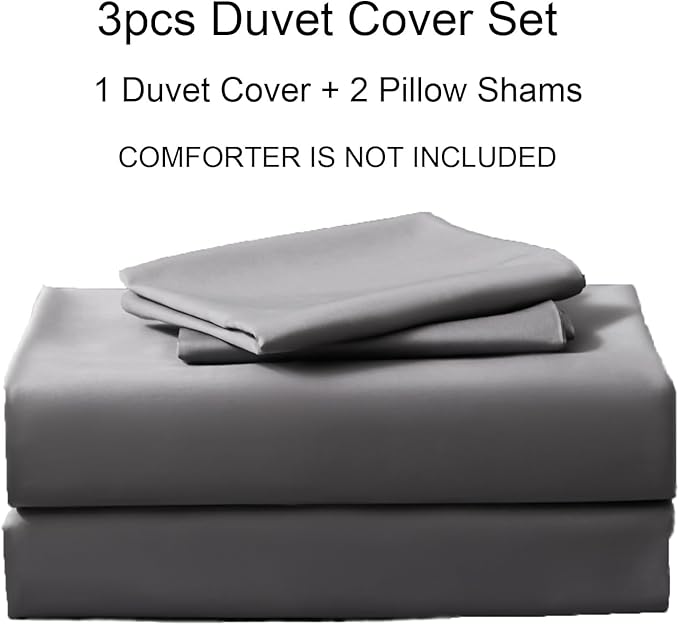 PURE ERA Duvet Cover Set 800 Thread Count Long Staple Cotton Sateen Silky Soft Luxurious Smooth 3 Piece Set Solid Deep Grey King