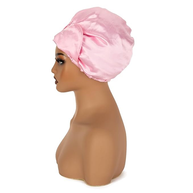 Pink Satin Bonnet Silk Hair Bonnet for sleeping Adjustable Silk Bonnet Double Layer Satin Lined Hair Bonnet with Soft Elastic Band for Women Hats