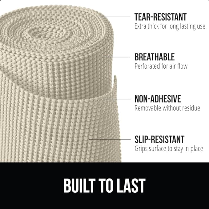 GORILLA GRIP powerGRIP Drawer Shelf and Cabinet Liner, Thick Strong Hold, Non-Adhesive Liners Protect Kitchen Cabinets and Cupboard, Bathroom Drawers, Easy Install, Breathable Mat, 17.5" x30', Cream