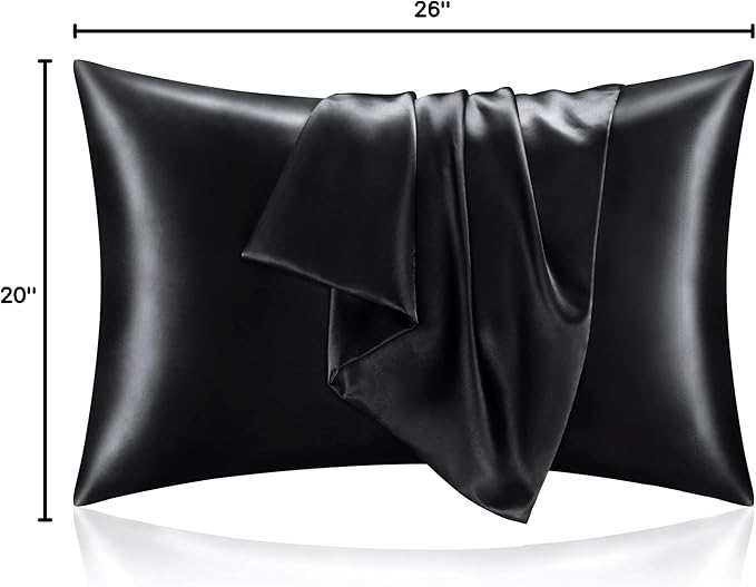 BEDELITE Satin Pillowcase for Hair and Skin, Super Soft and Cooling Similar to Silk Pillow Cases 2 Pack with Envelope Closure, Gift for Women Men(20"x26" Standard Size, Black)
