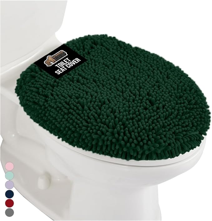 GORILLA GRIP Soft Chenille Bathroom Toilet Lid Cover, Machine Washable Seat Covers, 19.5x18.5, Stays in Place Rubber Backing, Fits Most Round, Elongated and Oblong Lids, Accessories Decor, Hunter