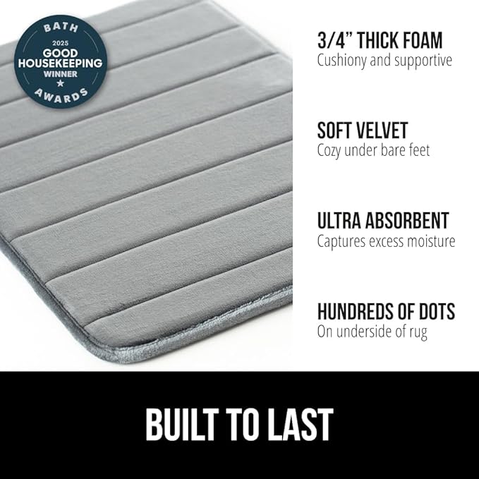 GORILLA GRIP Memory Foam Bath Mat, Soft Absorbent US Designed Bathroom Rug, Gripping Dots Machine Washable Bathmat, Cushioned Floor Mats, Shower Sink Rugs Room Décor Accessories, 24x17 Graphite Gray