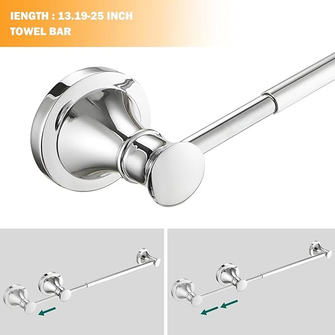 Hoimpro Chrome 4-Piece Bathroom Bath Set, Wall Mount Bathroom Hardware Fixture (Adjustable Towel Bar Rack, Towel Ring Holder, Paper Towel Holder, Double Towel Hook), Bathroom Accessories