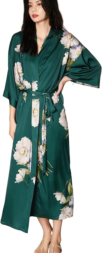 Silk Satin Robe for Women Long Japanese Kimono Robe Lightweight Soft Bathrobe Floral Luxury Dressing Gown