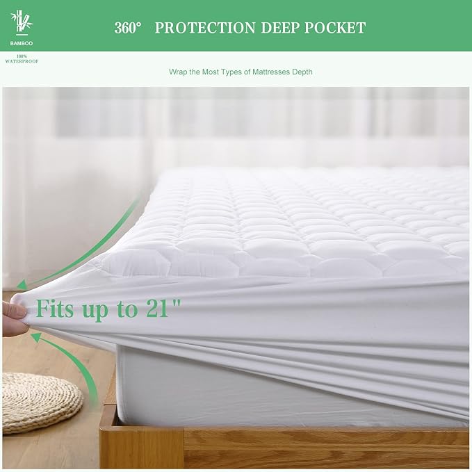 UNILIBRA Queen Mattress Protector Waterproof Rayon from Bamboo, Deep Pocket Mattress Pad Cover Fit up to 6''-21'', Breathable Soft Filling Quilted Fitted Mattress Topper