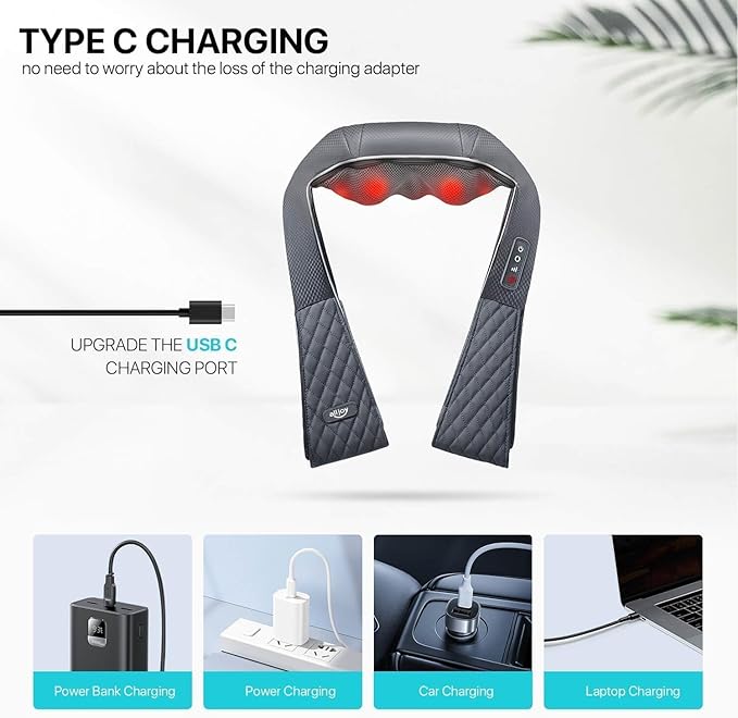 Cordless Shiatsu Neck Massager with Heat – Rechargeable Massager for Neck and Shoulder Pain with 8 Deep Kneading Nodes, Back Massager for Home Office Outdoor - Christmas Gifts for Mom Dad Men Women