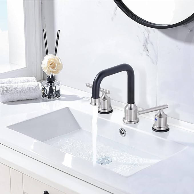 WOWOW 3 Hole Bathroom Faucet Widespread Bathroom Sink Faucet 8 inch, 3 Piece Vanity Tap with Drain, Brushed Nickel and Matte Black Tall Basin Tap 2 Handle