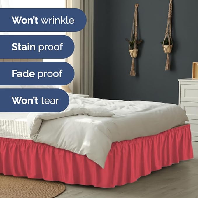 Wrap Around Dust Ruffle Bed Skirt - Red - for King Size Beds with 24 Inch Drop - Easy Fit Elastic Strap - Adjustable Pleated Bedskirt w/Brushed Fabric - Wrinkle Free - for Women, Men, Kids & Teens