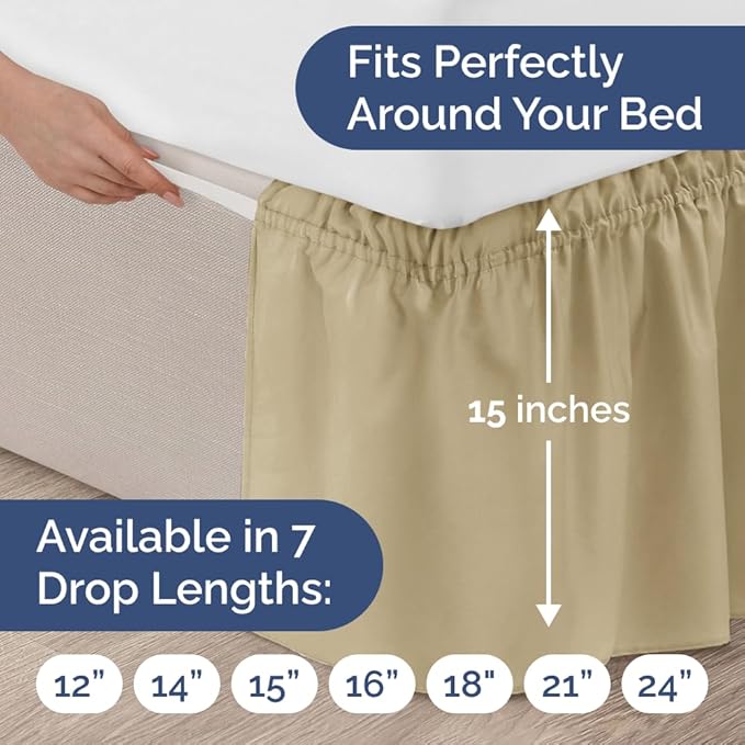 Wrap Around Dust Ruffle Bed Skirt - Beige - for Full Size Beds with 15 Inch Drop - Easy Fit Elastic Strap - Adjustable Pleated Bedskirt w/Brushed Fabric - Wrinkle Free - for Women, Men, Kids & Teens