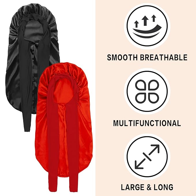 2Pcs Bonnets for Black Women Braid Bonnet, Large Long Satin Bonnet for Braids, Silk Bonnet with Stretchy Tie Band Sleep Cap Hair (2Pcs-Black&Red)