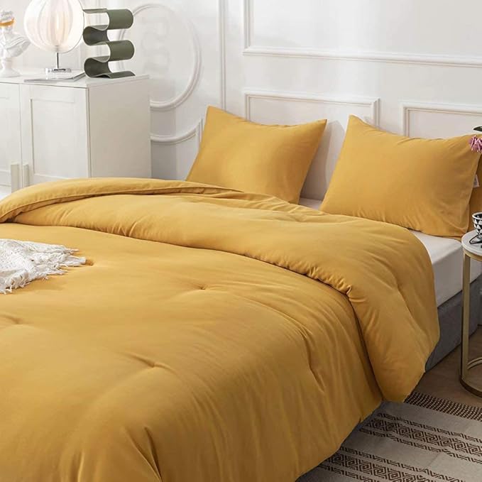 Cottonight Mustard Yellow Comforter Sets Full Dark Yellow Comforter Full Lightweight Cozy Mustard Bedding Comforter Sets with Inner Fill Soft Comfy Women Men