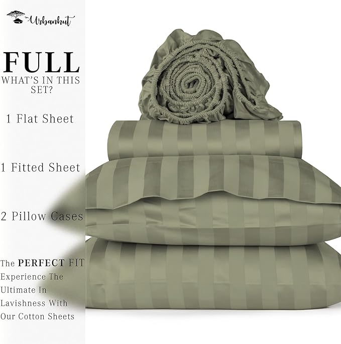 URBANHUT 1000 Thread Count Damask Striped Full Size Egyptian Cotton Sheets, Long Staple Soft & Breathable, 4 Pc Bed Sheet Sets, Luxury Hotel Sateen Finish Sheets Fits 16" Deep Pocket - Sage