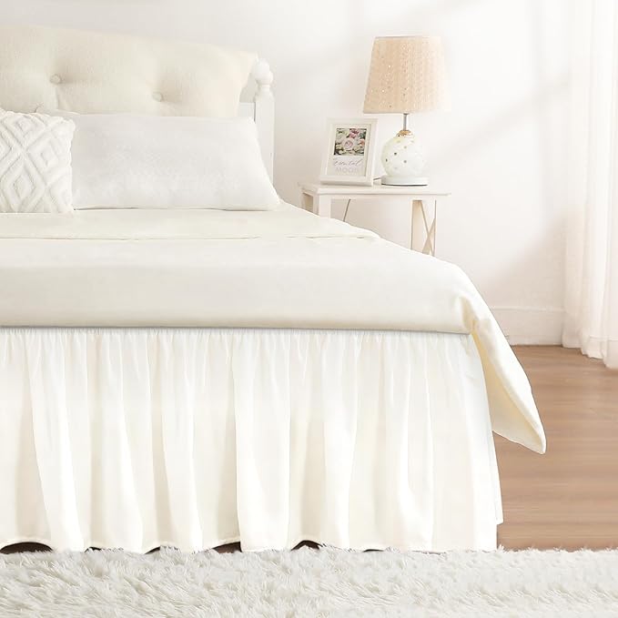 RIMELA Cream White Bed Skirt King Size 15 Inch Drop, Wrap Around Elastic Bedskirt, Dust Ruffle for Adjustable Bed Base Machine Washable Easy to Install Bed Skirts