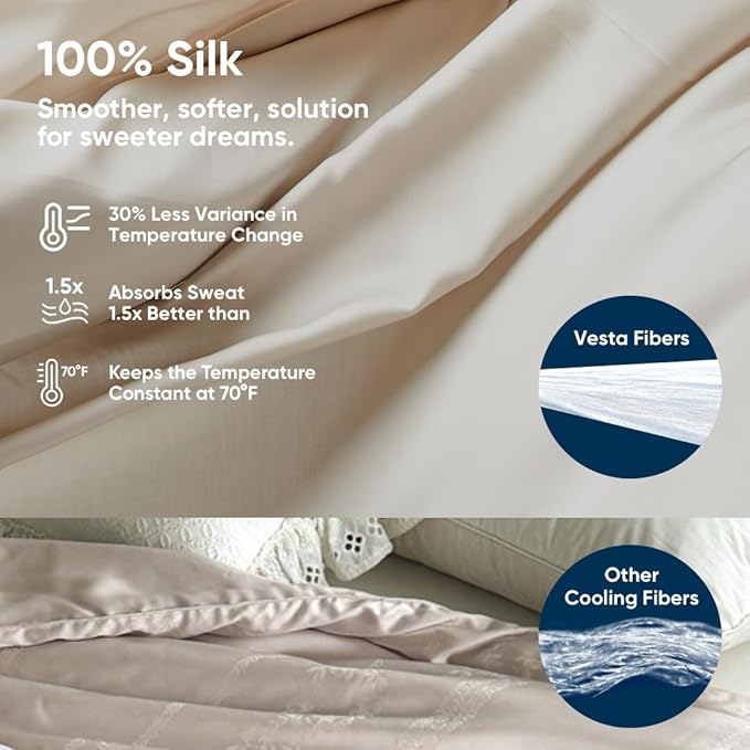 Vesta Washable Silk Lightweight Comforter, Cooling Blanket for Hot Sleepers, 100% Long Staple Mulberry Silk, Moisture & Thermal Control for Summer Use (Ivory Slate, Full/Queen 90'' X 90'')