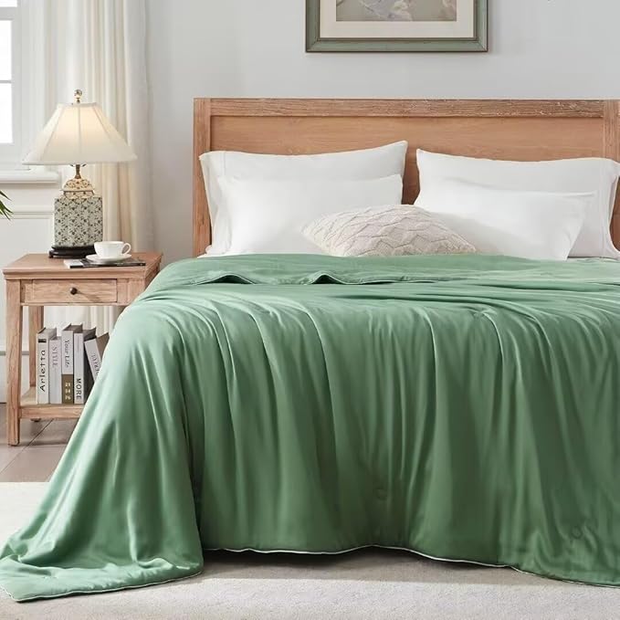 Globon Summer Comforter Queen Size,Luxurious Lightweight Blanket for Hot Sleepers,Natural Bamboo Viscose Shell,Organic Breathable Fill, Double Stitch, Sage Green