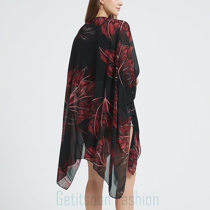 Women's Bohemian Floral Chiffon Beach Cover up Swimsuit Kimono Summer Swimwear Cardigans