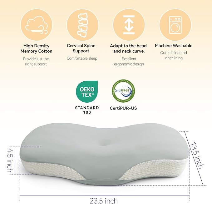 Cervical Neck Pillow for Pain Relief - Cooling Side Sleeper Pillow for Sleeping, Ergonomic Memory Foam Pillows for Neck Support, Contour Orthopedic Bed Pillow for Back Stomach Sleepers (Grey)