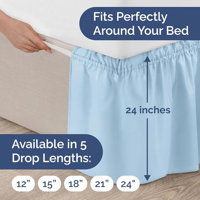 Wrap Around Dust Ruffle Bed Skirt - Light Blue - for King Size Beds with 24 Inch Drop - Elastic Strap - Adjustable Pleated Bedskirt with Brushed Fabric and Wrinkle Free - for Women, Men, Kids & Teens