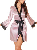 SOLY HUX Women's Striped Silk Robe Satin Lace Bathrobe Kimono Bridesmaid Bride Wedding Party Robes Sleepwear with Belted