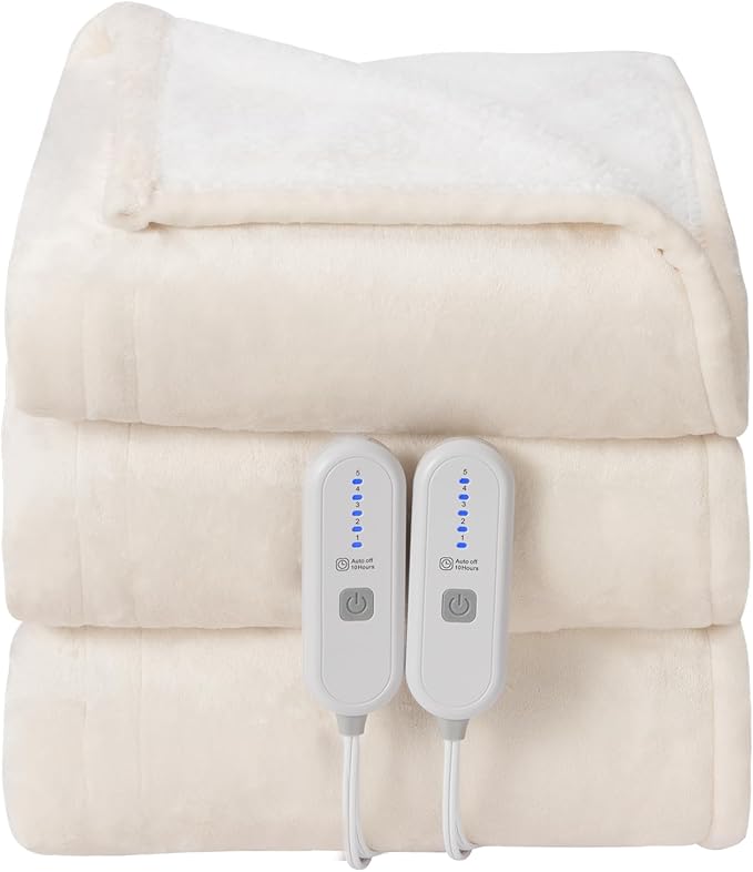 Electric Blanket Queen Size Dual Control - Washable Heated Blanket Queen with 5 Heat Settings, 10 Hrs Auto Off, ETL Certified, Flannel Sherpa Heating Blankets 84" x 90" White