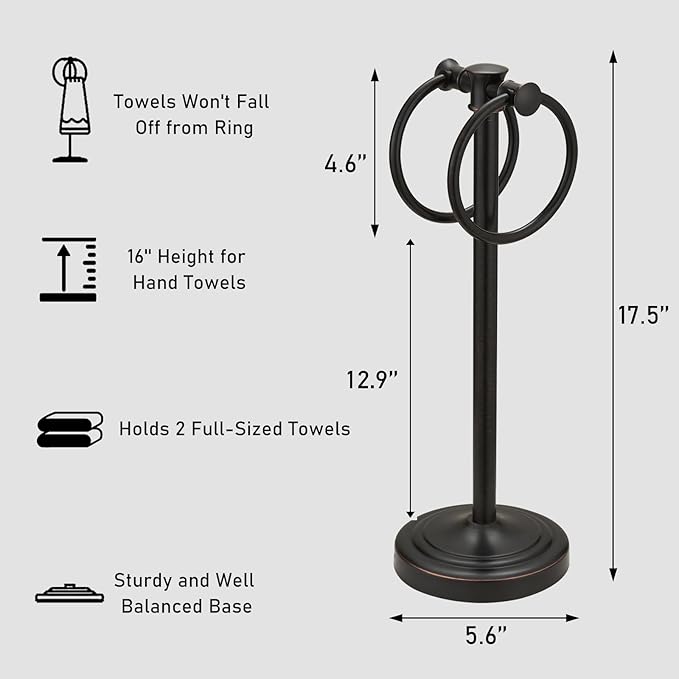 Hoimpro 17 Inch Oil Rubbed Bronze Stainless Steel Free Standing Towel Rack Bar, Double Stand Towel Ring Hand Towel Holder Hanger, Towel Hardware for Bathroom Vanity Kitchen Countertops