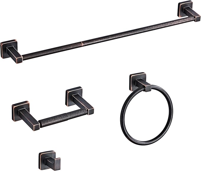 Bathroom Hardware Set 4 Pieces,Oil Rubbed Bronze Bathroom Accessories Set Stainless Steel Wall Mounted, Hand Towel Bar, Towel Ring, Robe Towel Hooks,Toilet Paper Holder,Towel Bar Set, 23.6 Inch
