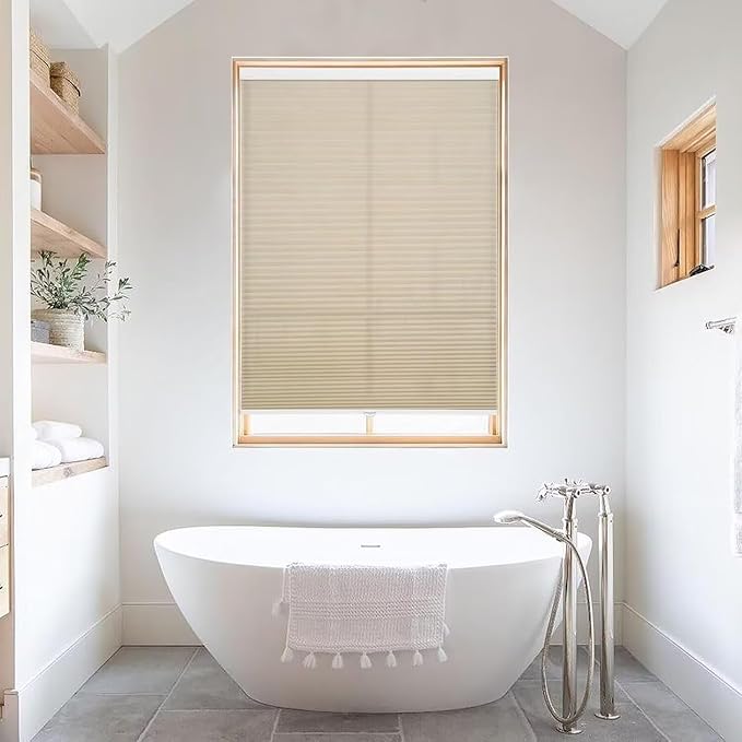 MYshade 1.5-Inch Cellular Cordless Light Filtering Shades,Thermal Insulating Noise Reducing Waterproof Blinds,Honeycomb Window Treatments for Indoor Light Control (Beige-24 W x 50" H)