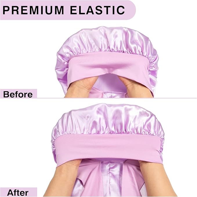 2Pcs Bonnets for Black Women Braid Bonnet, Large Long Satin Bonnet for Braids, Silk Bonnet with Stretchy Tie Band Sleep Cap Hair (2Pcs-Black&Purple)