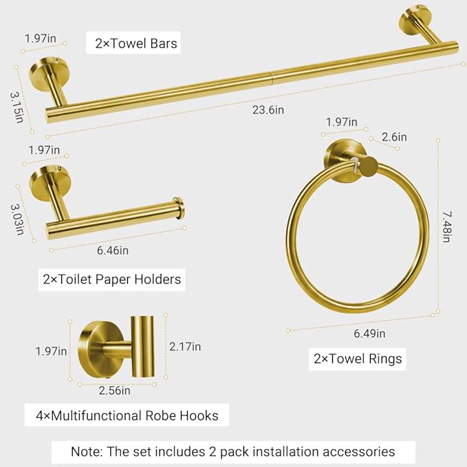 Gold Bathroom Towel Bar Set, 10-Piece Stainless Steel Hardware Bathroom Accessories, 24" Towel Racks for Bathroom Walls