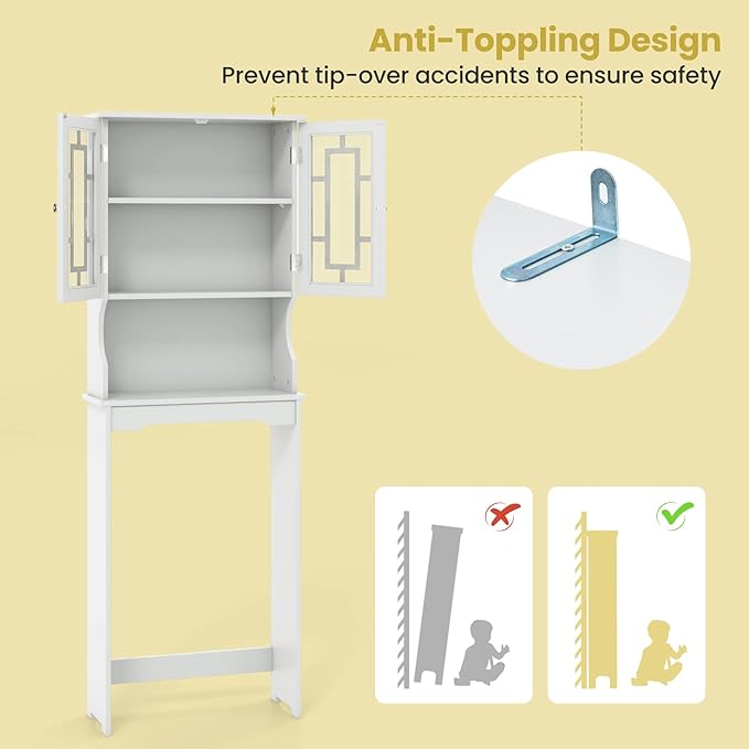 BestComfort Over The Toilet Storage Cabinet, Home Bathroom Space Saver Organizer Above Toilet, Double Doors and Adjustable Shelf, Wooden Freestanding Toilet Storage Rack Unit, 67 in H (White)