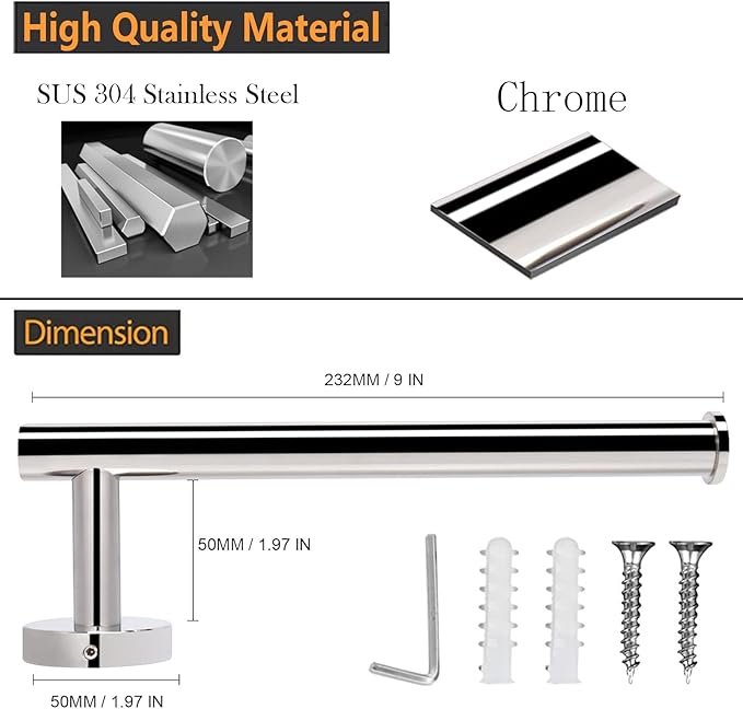 2-Piece Hand Towel Holder - 9" Modern Design Towel Ring, Thicken SUS 304 Stainless Steel Towel Holder for Bathroom Wall, Contemporary Hand Towel Rack - Chrome