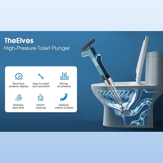 TheElves Toilet Plunger Heavy Duty Pro, Electric High Pressure Toilet Clog Remover Tool, Powerful Bathroom Plunger with Holder for Drain Cleaning - Blue