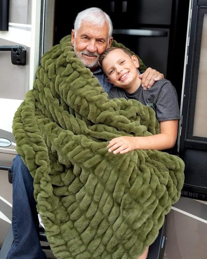 Minky Couture Hugs Blanket - Extra Plush Blanket for Premium Gifting - Stretchy Bubbled Cozy Throw - Silky Smooth - Durable & Machine-Washable - Travel-Friendly - Adult, Camp Green