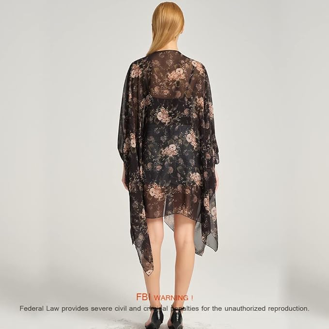 Women's Bohemian Floral Chiffon Beach Cover up Swimsuit Kimono Summer Swimwear Cardigans