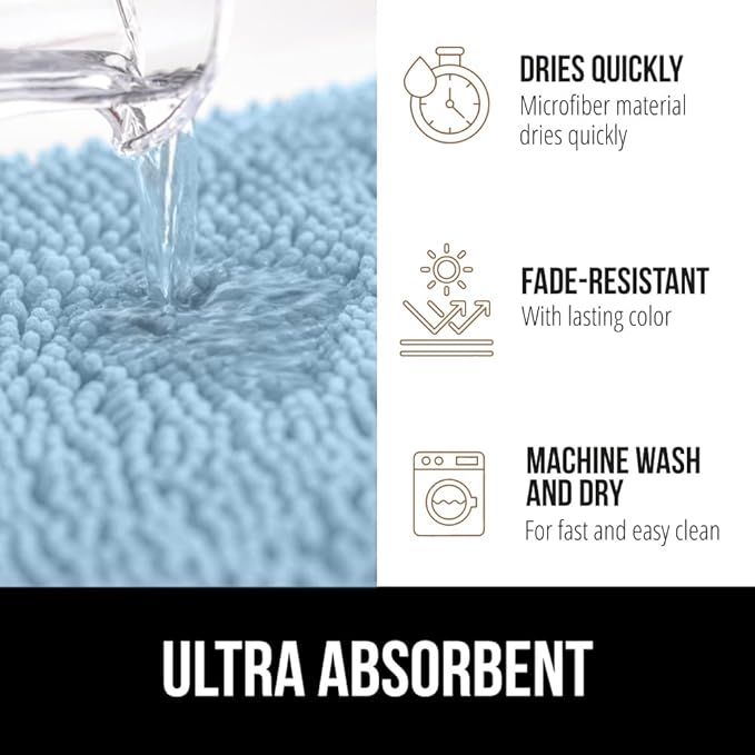 GORILLA GRIP Plush Absorbent Shaggy Chenille Bath Rug Mat for Square Toilet Base with Rubber Backing, Machine Washable Rugs, Soft Microfiber Contour Mats for Toilets, Bathroom Decor, Sky