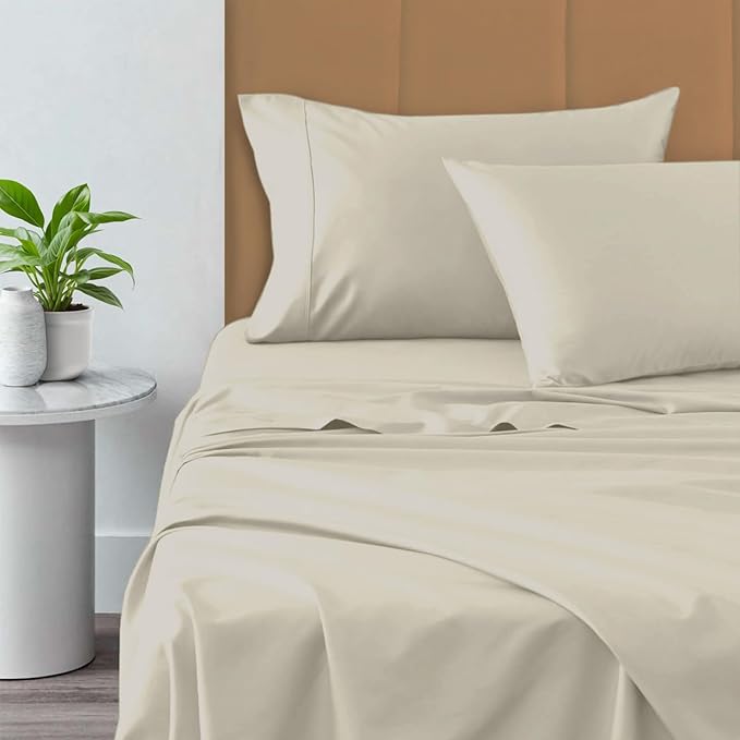 Pizuna Pure 100% Cotton Sheets 6pc Queen Size, 800 Thread Count Long Staple Cotton Crisp Sateen Sheets 6pc Queen with 15" Deep Pocket (Combed New Ivory Cotton Sheets 6pc Queen)