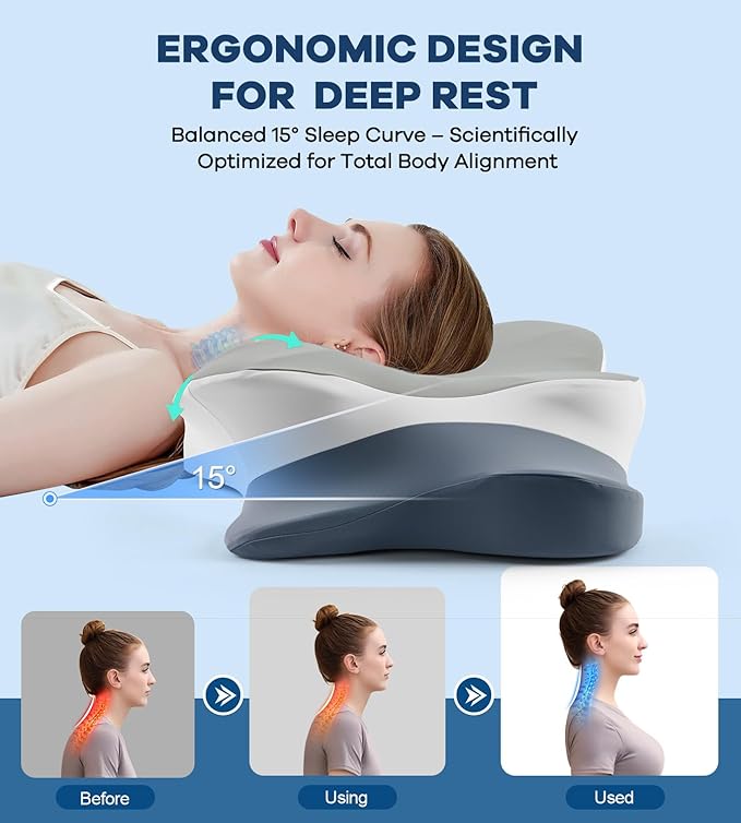 Cervical Pillow for Neck Pain Relief -Cooling Ergonomic Memory Foam Pillow with Ice Silk Pillowcase, Dual-Height Orthopedic Support Contour Pillow for Side/Back/Stomach Sleepers, CertiPUR-US Certified