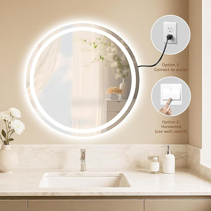 Round LED Bathroom Mirror with Lights, Backlit & Front Lighted, Wall-Mounted Vanity Mirror 3000K/4000K/6000K, Memory Functions, Anti-Fog, Dimmable Smart Mirror (Round 28" x 28")