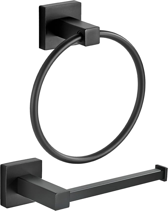 FORBATH Black Toilet Paper Holder Towel Ring, Black Bathroom Hardware, Hand Towel Holder Toilet Paper Roll Holder Set, Wall Mounted Stainless Steel Bathroom Accessories, 2 PCS