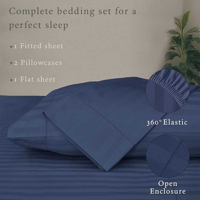Threadmill 500 Thread Count Full-Size Damask Stripe, 4 Pc Luxury Cotton Sheet Set, Silky Smooth Folkstone Blue Sheets with 16" Elasticized Deep Pocket, 2 Pillowcases & Free Tote Bag