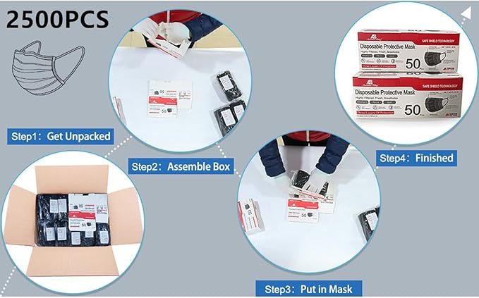 Montana West 2000 PCS Bulk Black Face Masks (40 Packs, 50pcs/Pack), Non Woven Thick 3-Layers Masks with Adjustable Earloop