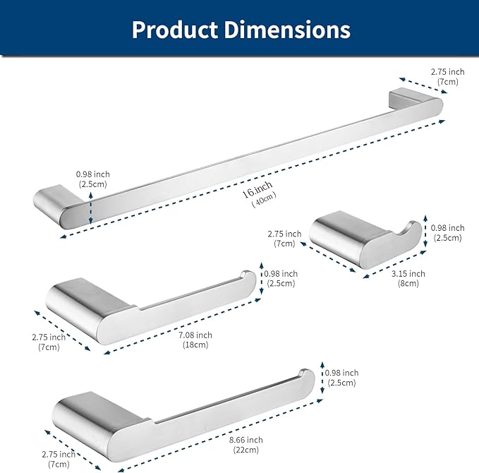 Bathroom Hardware Set, 4-Piece Towel Rack Towel Holder Toilet Paper Holder Towel Hooks Wall Mounted Towel Bar Stainless Steel Towel Racks, Brushed Nickel Bathroom Accessories Towel Bar Set, 16 inch
