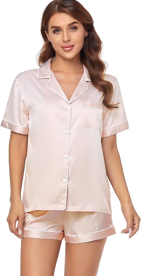 Women's Satin Pajama Set 2-Piece Sleepwear Loungewear Button Down Short Sleeve Silky PJ Set