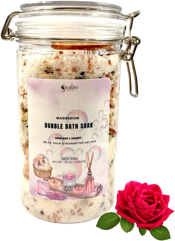 Magnesium Bubble Bath Soak with Sandalwood & Lavender, 35 oz, Spa Size Bath Salts for Dry Skin