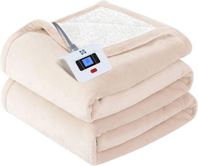 SEALY Electric Blanket Twin Size, Flannel & Sherpa Heated Blanket with 10 Heating Levels & 1-12 Hours Auto Off, Machine Washable, Beige, 62x 84 Inch