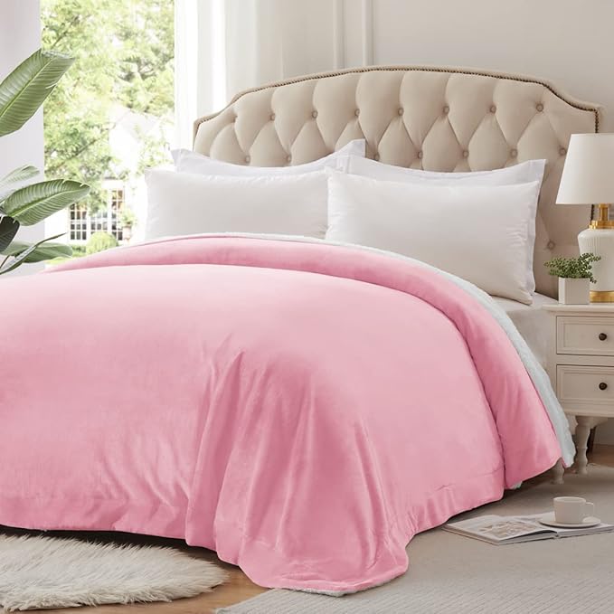 KAWAHOME Sherpa Fleece Queen Size Blanket for Bed - Extra Warm and Heavy Thick Blankets for Winter, Super Soft 500GSM Plush Blanket, 90"X 90" Pink
