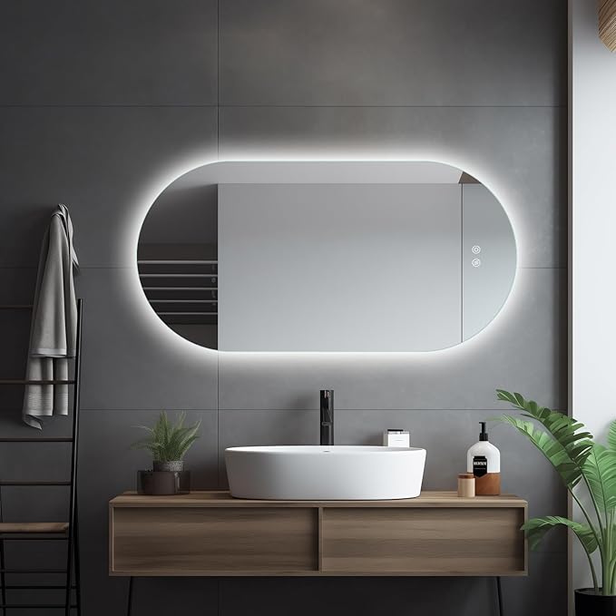 Niccy Oval LED Bathroom Vanity Mirror, 48x24inch Frameless Backlit Mirror with Light, Smart Anti-Fog Waterproof Mirror with Memory Function Dimmable Lighted Mirror