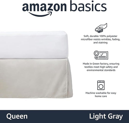 Amazon Basics Lightweight Pleated Bed Skirt, Queen, Light Grey, Solid